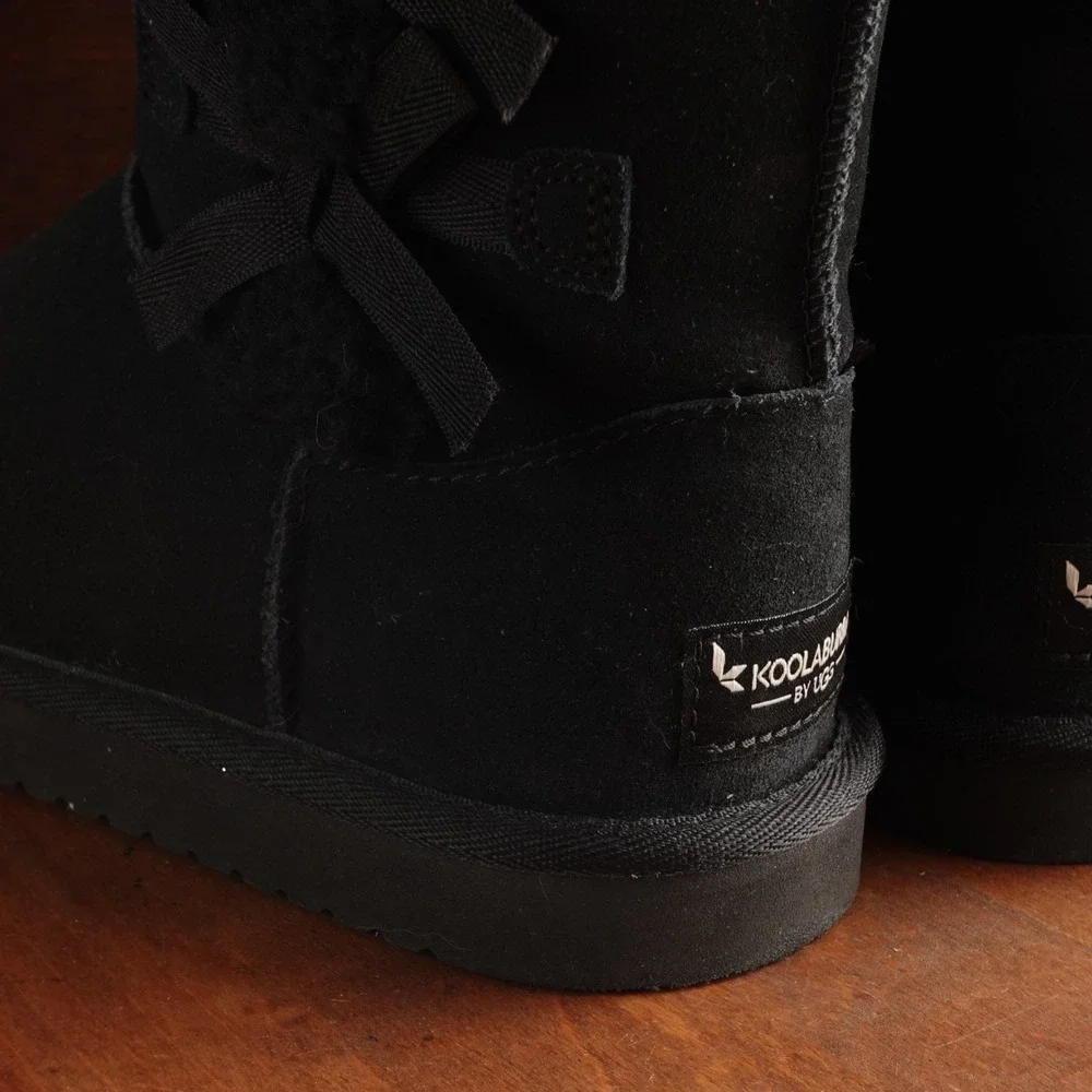 UGG Koolaburra Boots Youth SZ 2 BLK Victoria Short Bow Suede Winter Cozy Pull On